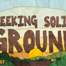 An illustration of a sun rising over the horizon of a farm. Large brown letters in the sky spell "Seeking Solid Ground." "The Next Harvest" is written in yellow text on the lefthand corner. The KBIA logo is in white in the right corner. 