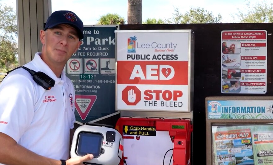 Lee County EMS Lieutenant Cory Witte displays the new public AED cabinets now installed at several Lee County parks. These cabinets are part of Lee County’s ongoing efforts to make lifesaving equipment accessible when every second counts. Knowing how to use them can help save a life before first responders arrive.