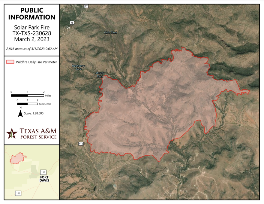 A map of the Solar Park Fire burn area as of March 2, 2023.