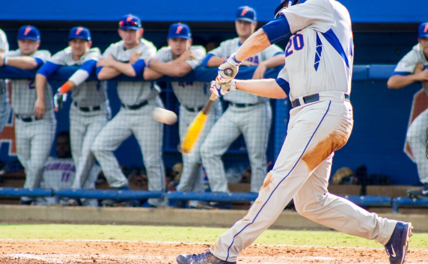 Peter Alonso hits the ball to right center field in the third inning and gets a triple on June 6.