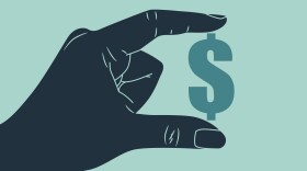 Illustration of a hand holding a dollar sign between thumb and forefinger.