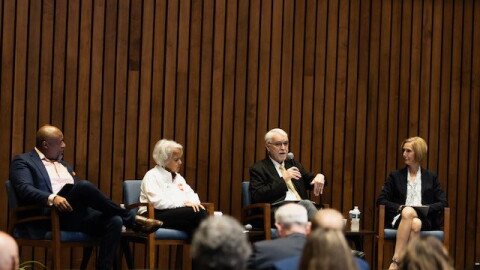 University of Illinois President Timothy Killeen and Chancellors Charles Isbell, Marie Lynn Maranda and Janet Gooch at UIS during their 2026 Invested in Illinois tour.