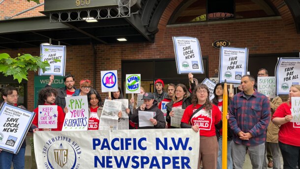 Striking journalists from The Tacoma News Tribune and The Olympian held a picket and press conference in Tacoma on Tuesday, May 26, 2026.