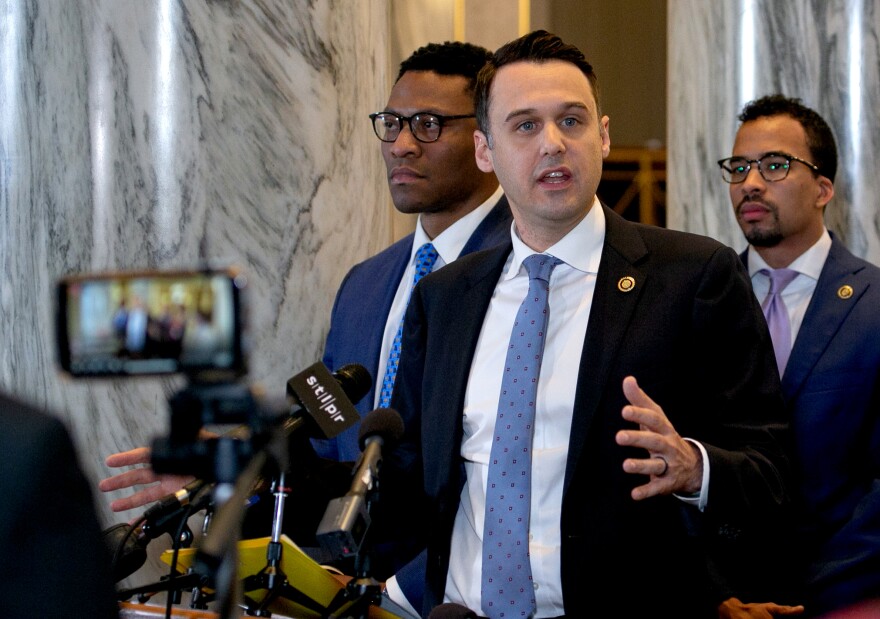 Senator John Rizzo, D-Kansas City, speaks to reporters during a press conference after the senate was adjourned on the final day of the session at the Missouri State Capitol Building on Friday, May 14, 2021, in Jefferson City.