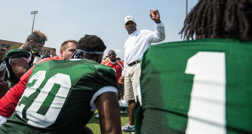 Charlie Strong, seen addressing his team in March 2017, was fired as USF head football coach Sunday afternoon with a 21-16 record in three seasons. USF ATHLETICS
