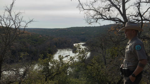 Park Superintendent James Adams looks out at Russell Creek, which feeds into Tucker Lake at Palo Pinto Mountains State Park near Strawn on Dec. 15, 2025. The park, expected to open in 2026, offered guided hikes on New Years Day to guests who made reservations.