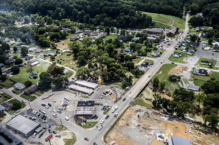 Aerial photographs taken from a Tennessee National Guard UH-60 Black Hawk helicopter flying Gov. Bill Lee to Waverly, Tenn., document the extent of flood damage on Aug. 22, 2021.