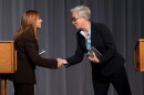 Republican state Sen. Christine Drazan, left, and Democratic Gov. Tina Kotek shake hands at the end of the gubernatorial debate in Eugene, Ore. at the University of Oregon, on Thursday, Oct. 1, 2026.