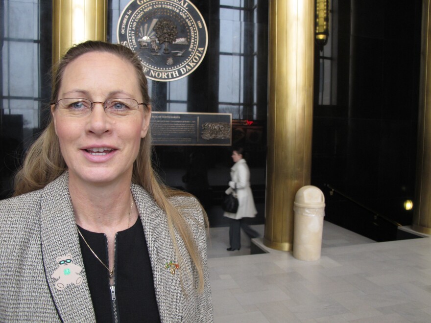 Rep. Bette Grande, R-Fargo, talks to reporters at the state Capitol in Bismarck, N.D. on Friday.