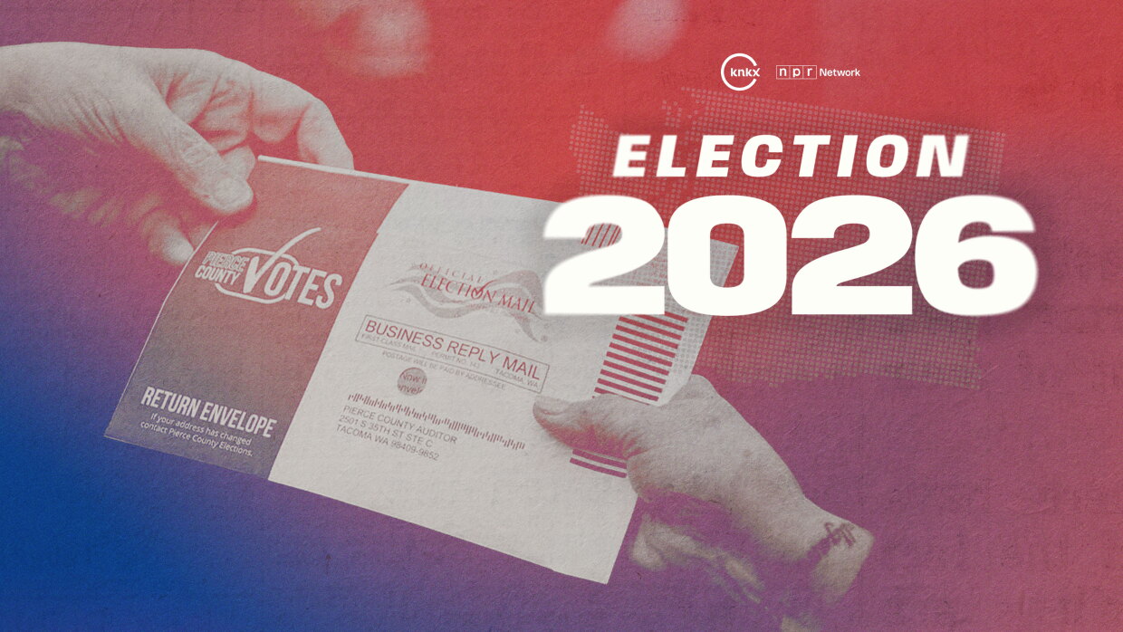 A graphic of a person handing a ballot off to a poll worker. A blue and red gradient spill across the image with the text "Election 2026" on top. 