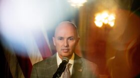 Gov. Spencer Cox talks to journalists at the Capitol in Salt Lake City on the last night of the legislative session, Friday, March 1, 2024. (Photo by Spenser Heaps for Utah News Dispatch)