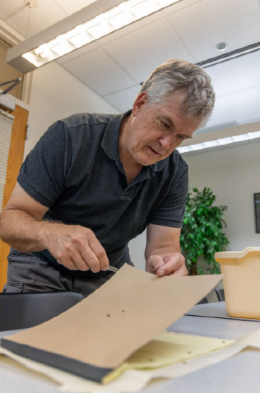 Lone star ticks crawl across a makeshift trap of tape and a pad of notebook paper. Bruce Noden, an entomologist who studies vector-borne illnesses at Oklahoma State University, says the ticks can move very quickly.