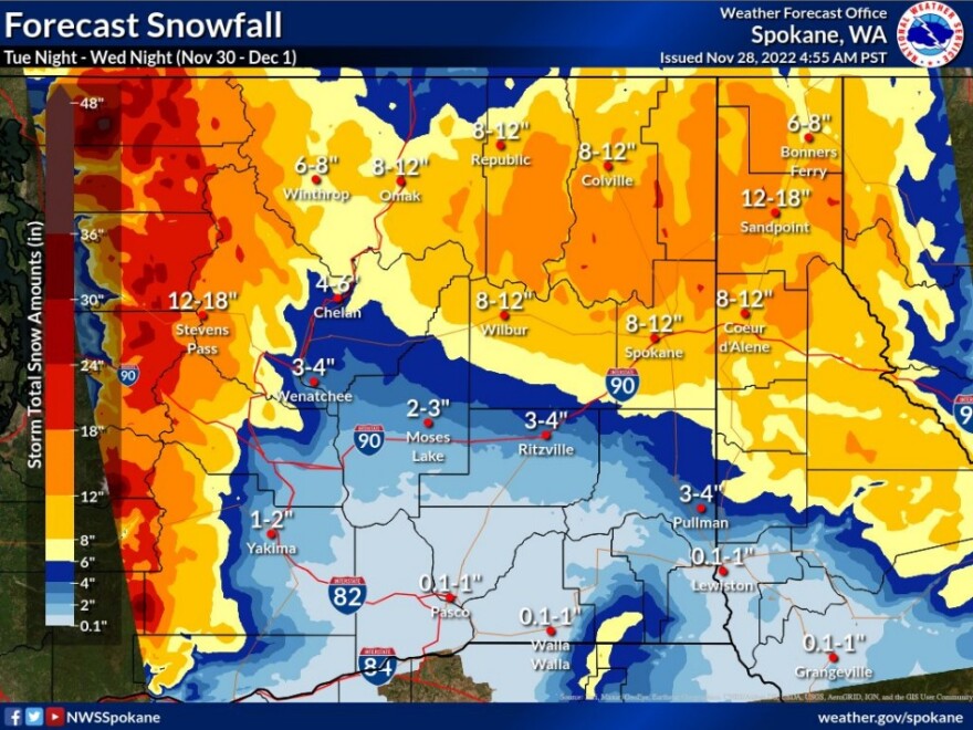 Forecast snow amounts in the Inland Northwest from Tuesday evening to Thursday morning. These totals will be updated as forecasts become further refined.