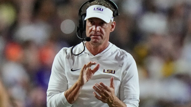LSU head coach Lane Kiffin reacts in the first half of an NCAA college football game against Clemson, Saturday, Sept. 5, 2026 in Baton Rouge, La. (AP Photo/Gerald Herbert)