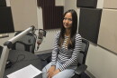 Patricia Cheng at the mic in NPR Illinois Studio F