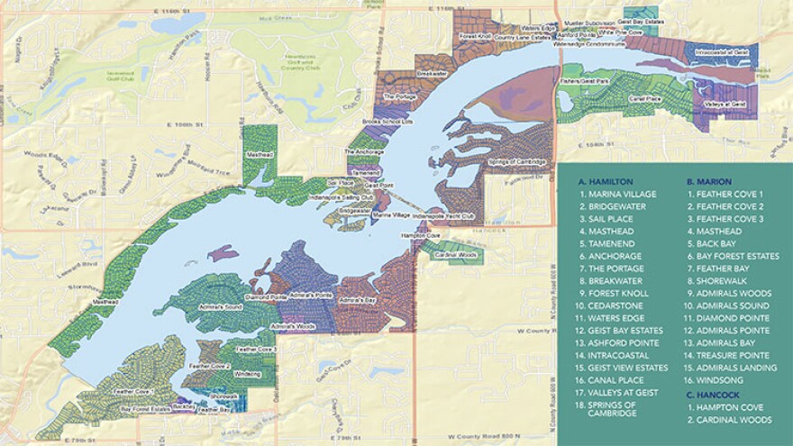 A map of Geist Reservoir and surrounding neighborhoods.