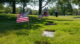 American flags in the ground at a cemetery 