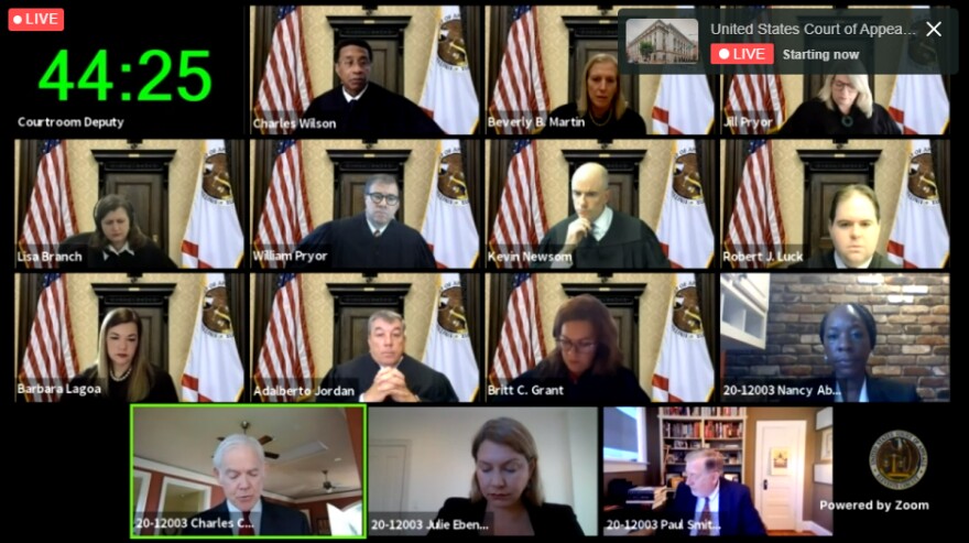Appellate judges of the U.S Court of Appeals for the 11th Circuit hear arguments Tuesday, August 18, 2020, via Zoom, regarding voting rights for Florida felons who are unable to pay their court fines, fees and restitution. The livestream, which took place the same day as the Florida primary election, experienced technical difficulties 10 minutes after starting, cutting a portion of the state attorney's arguments and questioning. (Zoom frame grab/Fresh Take Florida)