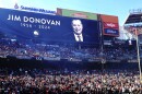 An image of Cleveland Browns broadcaster Jim Donovan is displayed on the scoreboard before an NFL football game between the Browns and the Baltimore Ravens in Cleveland, Sunday, Oct. 27, 2024.