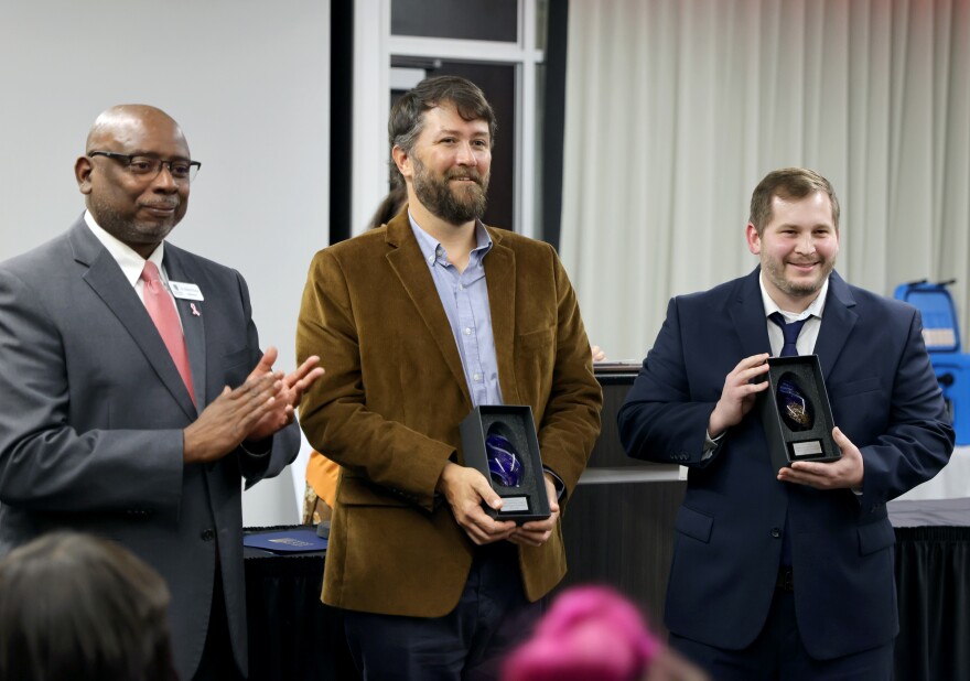 Superintendent Dr. Robbie Hooker (L) along with Christian Barner of Clarke Central High School (C) and Chris Batson of Clarke Middle School (R)