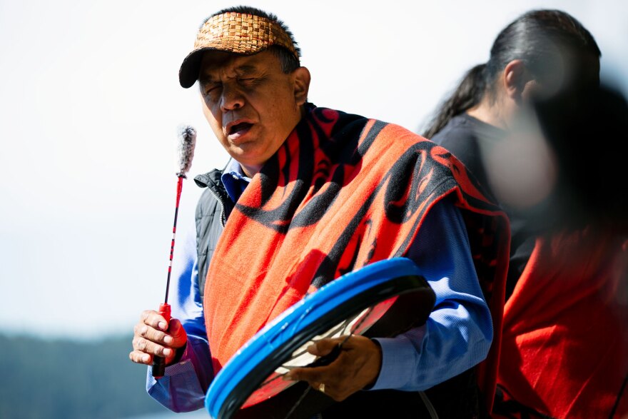 Senator Kevin Paul, of the Swinomish Tribe, sang and drummed to open the naming ceremony. 