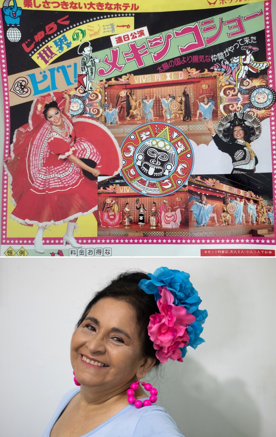 <strong>Top:</strong> Estefania's mom, Patricia Mitre (left), performs in stop in Itō, Japan, on a tour through Japan with the group Semblanzas de México in 1981. <strong>Bottom:</strong> Patricia in 2021.