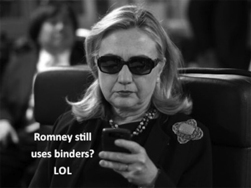 This one makes fun using a photograph of Secretary of State Hillary Clinton that went viral in the past.