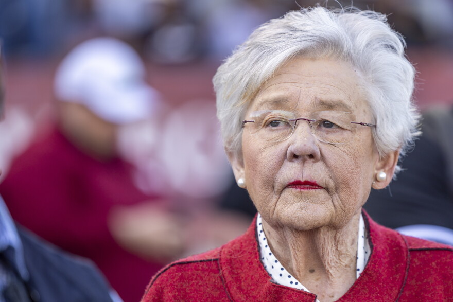 Alabama Governor Kay Ivey visits the sidelines during an NCAA football game between Troy and Arkansas State on Saturday, Oct. 7, 2023, in Troy, Ala. (AP Photo/Vasha Hunt)
