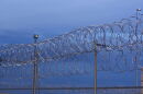 Rows of razorwire top a fence.