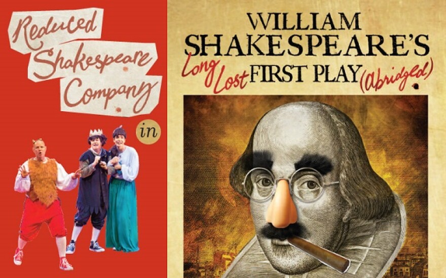Illustration of William Shakespeare with Groucho nose and glasses and three men in period costumes from Elizabethan times.