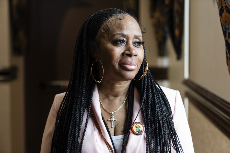 Lynette Jackson, a descendant of Henrietta Mills, poses for a portrait during a press conference held by Descendants of the St. Louis University Enslaved on Thursday, Feb. 8, 2024, at the Busch Student Center in Midtown. DSLUE calculated that $361 million and $70-plus billion were owed to descendants of enslaved people by the university.