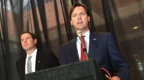 Former state auditor Adam Edelen (right) and Kentucky Sports radio host Matt Jones (left) introduce the New Kentucky Project in Lexington.