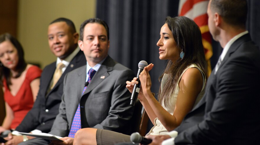 Republican National Committee Chairman Reince Priebus introduces the first four members of its new "Rising Stars" program at the RNC summer meeting on Thursday in Boston. From left are Karin Agness, founder of Network of Enlightened Women; T.W. Shannon, Oklahoma speaker of the House; Priebus; New Hampshire state Rep. Marilinda Garcia; and San Jose, Calif., police officer Scott Erickson.