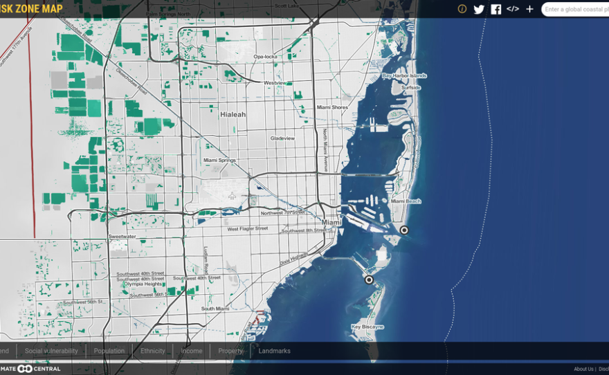 Climate Central’s sea level rise mapping tool shows in blue and green the land that could be affected by flooding in Miami under one foot of sea rise, which is expected by 2050.