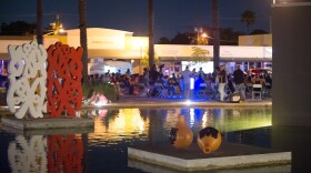 The open-air plaza lights up on the last Friday of every month for Jazz at MOCA, a free concert series.