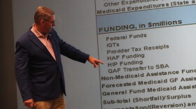 Family and Social Services Administration Secretary Mitch Roob walks through slides about how a federally mandated phase-down in the hospital assessment fee might impact the Healthy Indiana Plan, or HIP, at FSSA’s quarterly financial meeting on Tuesday, Oct. 27, 2026.