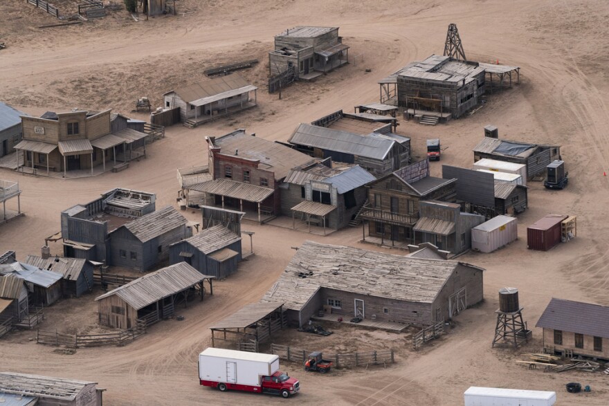 FILE - This aerial photo shows the Bonanza Creek Ranch in Santa Fe, N.M, Oct. 23, 2021, used for the film "Rust." (AP Photo/Jae C. Hong, File)