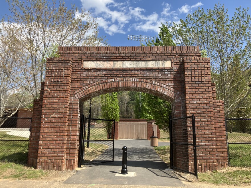 The arch at the entrance to Memorial Stadium as seen on Monday, April 14, 2025.