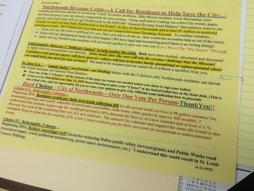 This flier was sent out to residents in Northwoods recently. It says Schmitt's bill may require the town to lay off staff or no longer provide free trash service.