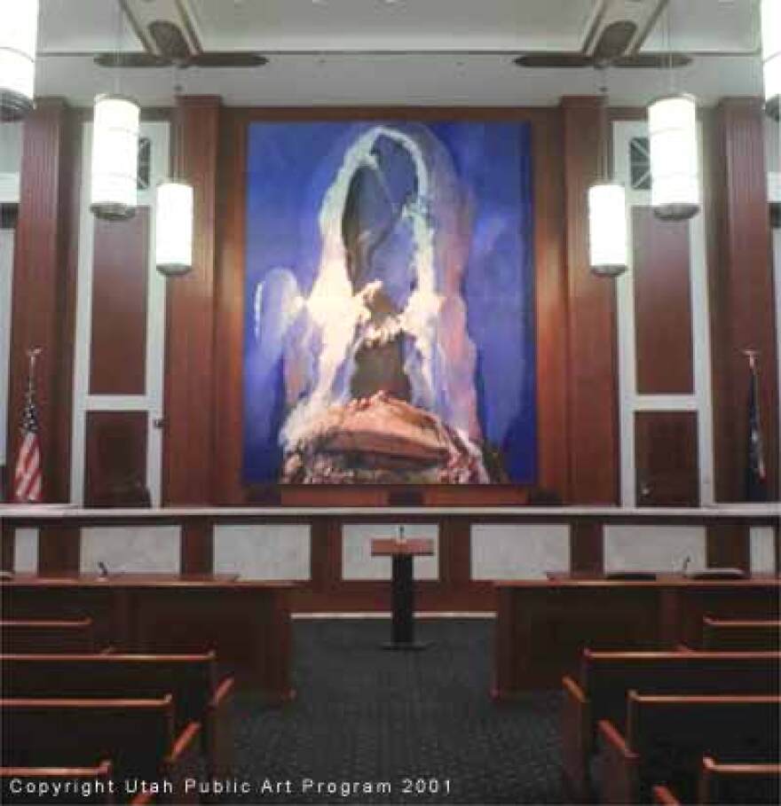 Doug Snow's \"Capitol Reef\" hangs in the Scott M. Matheson Courthouse in Salt Lake City. Since 2001 it has been draped following complaints from judges and attorneys about the piece.