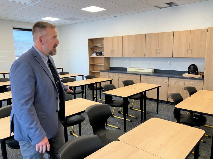 BMS principal Alan Hartley in one of the new classrooms during a media preview Tuesday, Aug. 18, 2026.