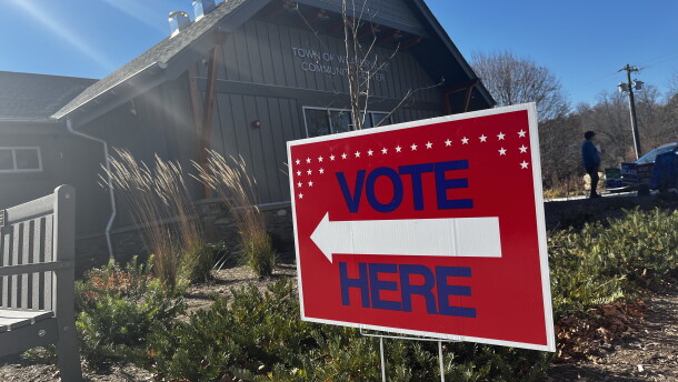 A sign directs voters in front of the Weaverville Community Center.