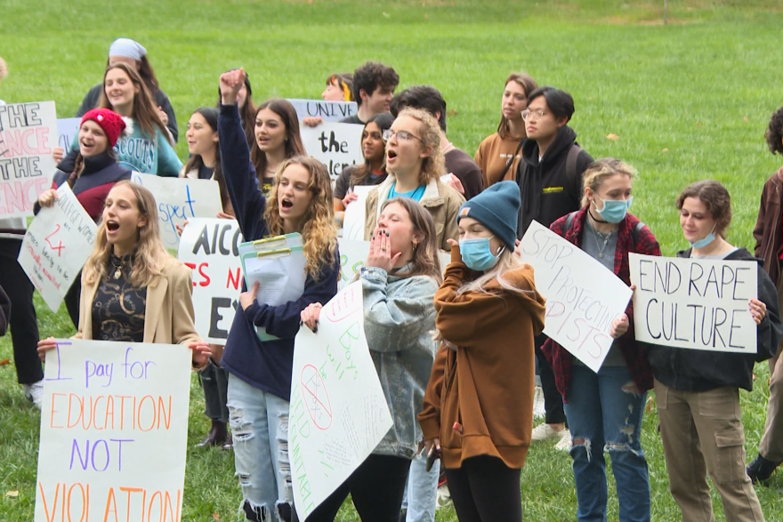 Indiana University students at a rally in 2021. That year, sororities paused events due to increases in sexual assault.