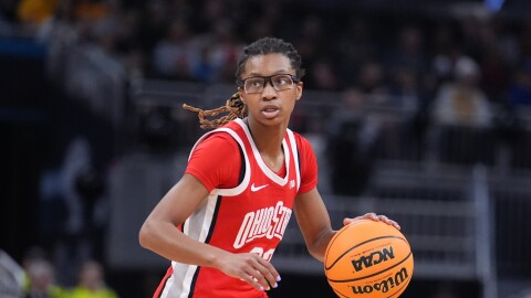 Ohio State guard Jaloni Cambridge (22) plays against UCLA in the first half of an NCAA college basketball game in the semifinals of the Big Ten Conference tournament, Saturday, March 7, 2026 in Indianapolis.