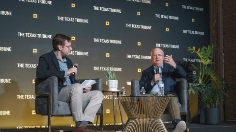 From left, Patrick Svitek speaks with political consultant and former White House Deputy Chief of Staff Karl Rove during a one-on-one conversation at The Texas Tribune Festival 2026 on Saturday, Sept. 26, 2026.