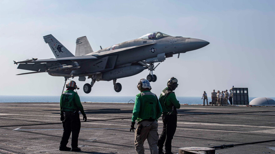 USS Eisenhower landing F-18 Super Hornet in the Arabian Gulf. Dec. 1, 2023. Department of Defense