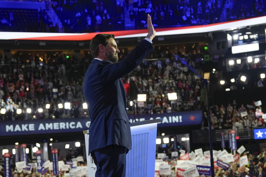 Republican vice presidential candidate Sen. JD Vance, R-Ohio, waves after speaking at the 2024 Republican National Convention.