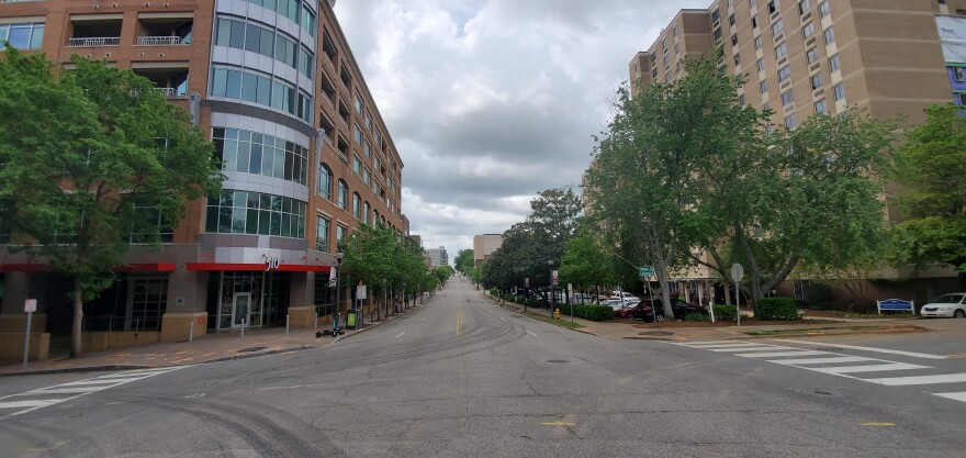 Glenwood Avenue in downtown Raleigh has seen far less traffic than normal as retail businesses, including bars and restaurants, are closed to dine-in traffic.