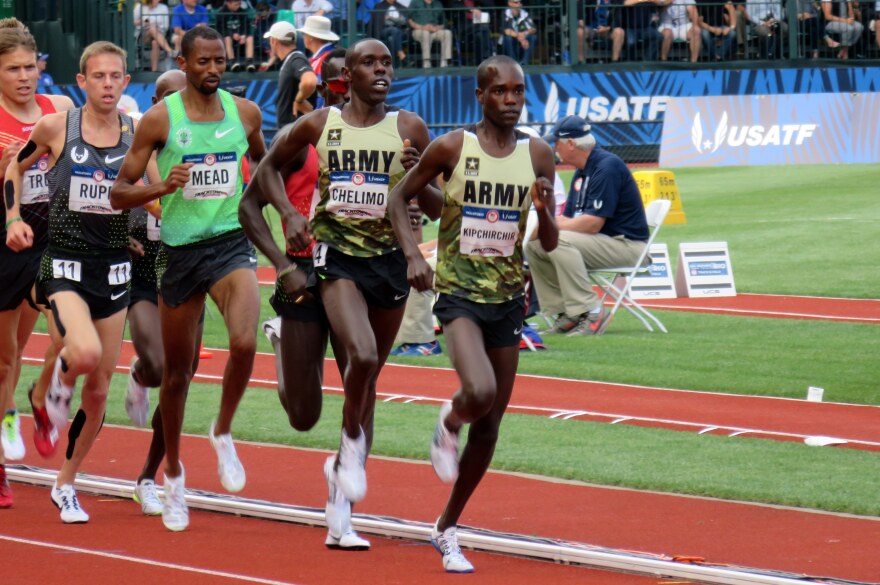 Two members of the U.S. Army lead the pack in the 5,000 meters at the U.S. Olympic Trials in July in Eugene, Ore. Shadrack Kipchirchir (right), did not make the team in the 5,000 but did qualify in the 10,000. Paul Chelimo (second from right), qualified in the 5,000 and won a silver medal in Rio on Saturday night.