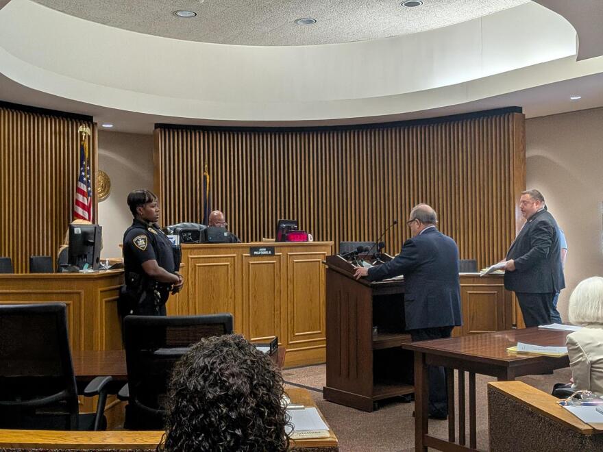 Attorney Jack Danziger (at lectern) representing Crescent Holdings in Buffalo Housing Court before Judge Philip Dabney Jr., on Thursday, July 30, 2026.